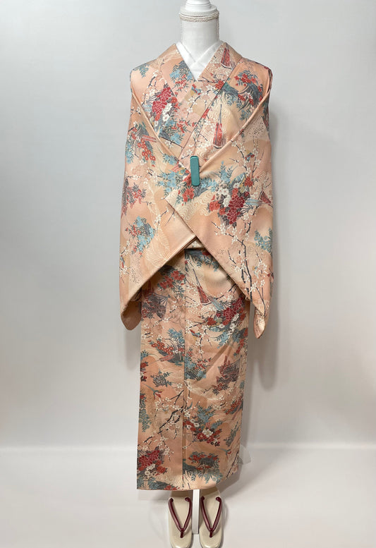 Traditional Silk Kimono - Made in Japan - Pink - Four-season garment